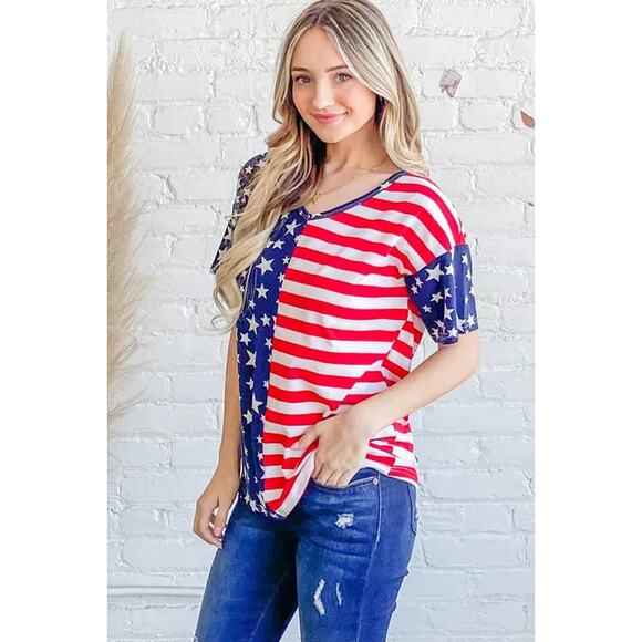 And The Why American Flag Theme Short Sleeves V-Neck Relaxed Fit Top | Red/Navy - Picture 2 of 8